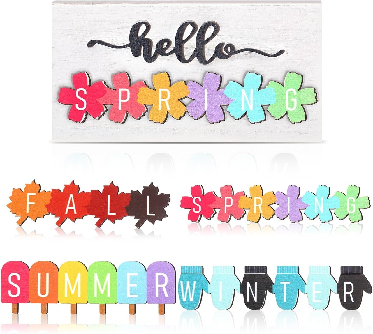 5 Pcs Hello Spring Sign Interchangeable Seasonal Sign Summer Fall Tiered Tray Decor 5.9 x 3 Inch Wooden Gloves Decor 4 Seasons Farmhouse Table Centerpiece Decoration for Home(Fresh)